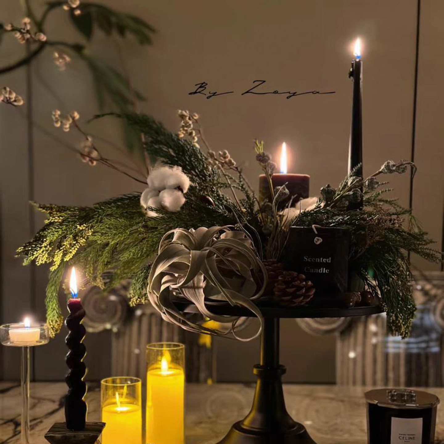 中古圣诞节餐桌烛台花艺香薰蜡烛组合摆件软装饰品