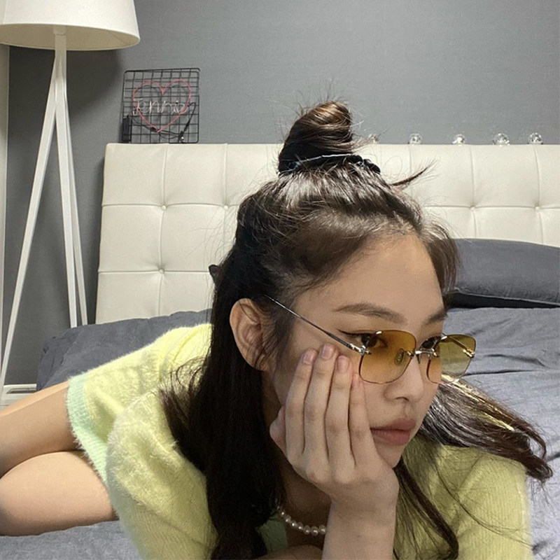 jennie墨镜女gm欧美网红款街拍茶色无框眼镜凹造型方形太阳镜渐变