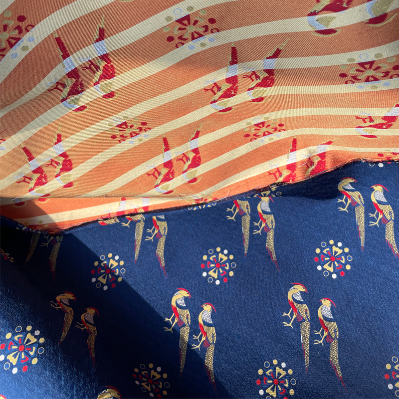 桑蚕丝宋锦面料红冠翟鸟