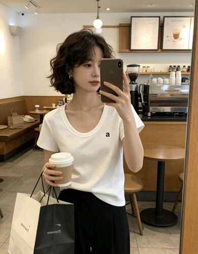 77+ 2026夏装新款韩系高级感U领刺绣短袖T恤女修身显瘦正肩上衣