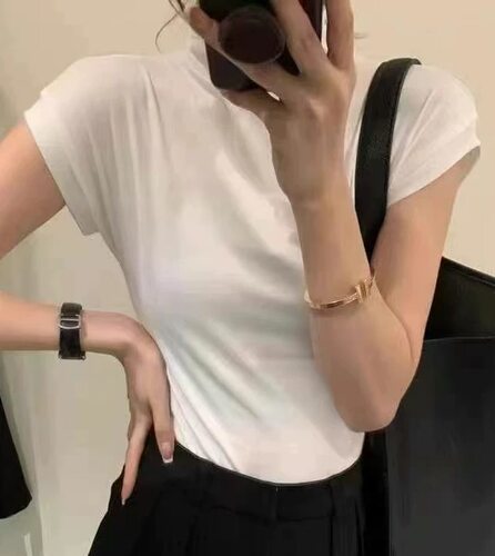 姊妹俩半高领小飞袖打底衫2025秋纯欲风时尚修身显瘦气质短袖T恤