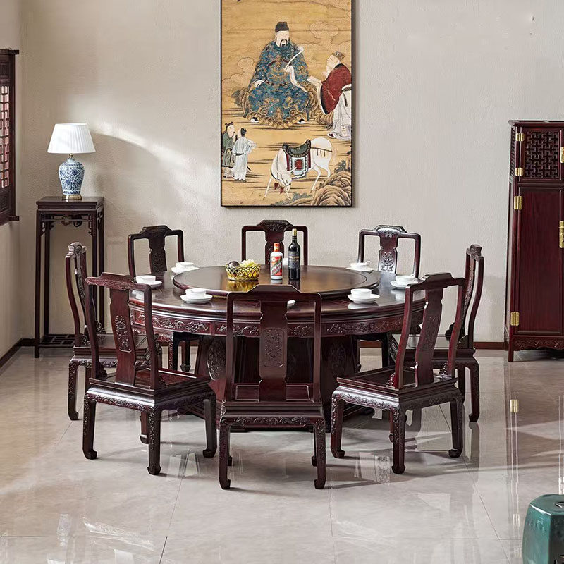 赞比亚紫檀西番莲圆餐桌十一件套新中式客厅餐桌椅组合红木家具