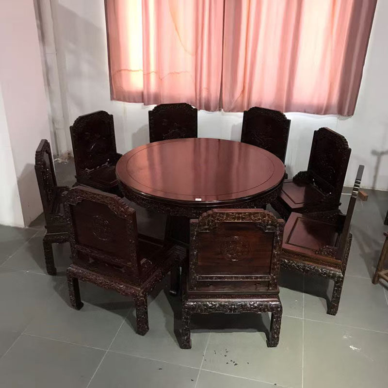 大红酸枝雕花圆餐桌九件套新中式客厅全实木餐桌椅组合红木家具