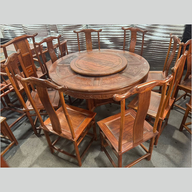 红木家具非洲花梨圆餐桌九件套组合实木带转盘家用餐厅圆形饭桌