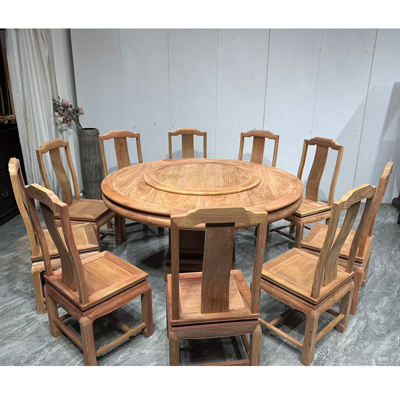 红木家具缅甸花梨158cm明式圆餐桌九件套中式餐桌椅组合客厅饭桌