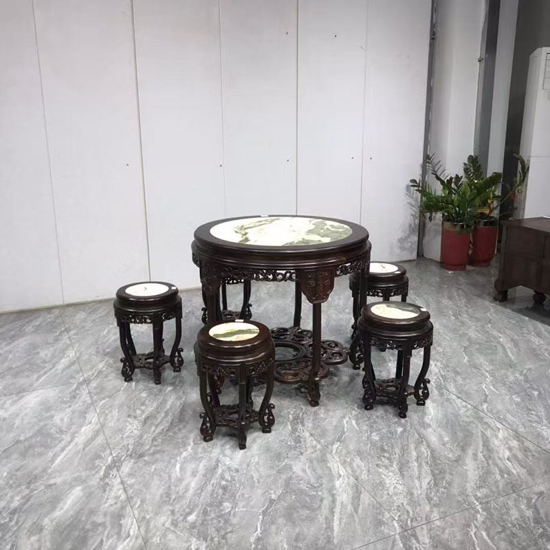 红木家具大红酸枝嵌云石五子登科圆桌六件套休闲茶桌饭桌组合