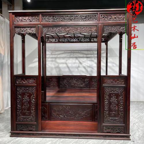 大红酸枝拔步床踏步床明清仿古架子床千工拔步床古典实木月洞床