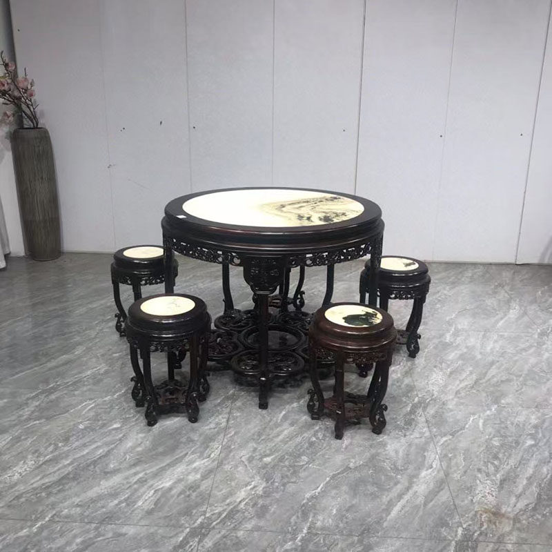 红木家具大红酸枝嵌云石五子登科圆桌六件套休闲茶桌饭桌组合