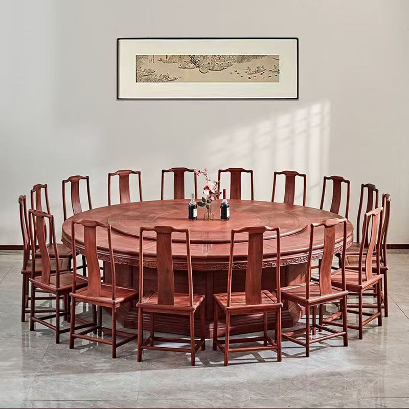 赞比亚紫檀大圆餐桌十七件套新中式客厅全实木餐桌椅组合红木家具