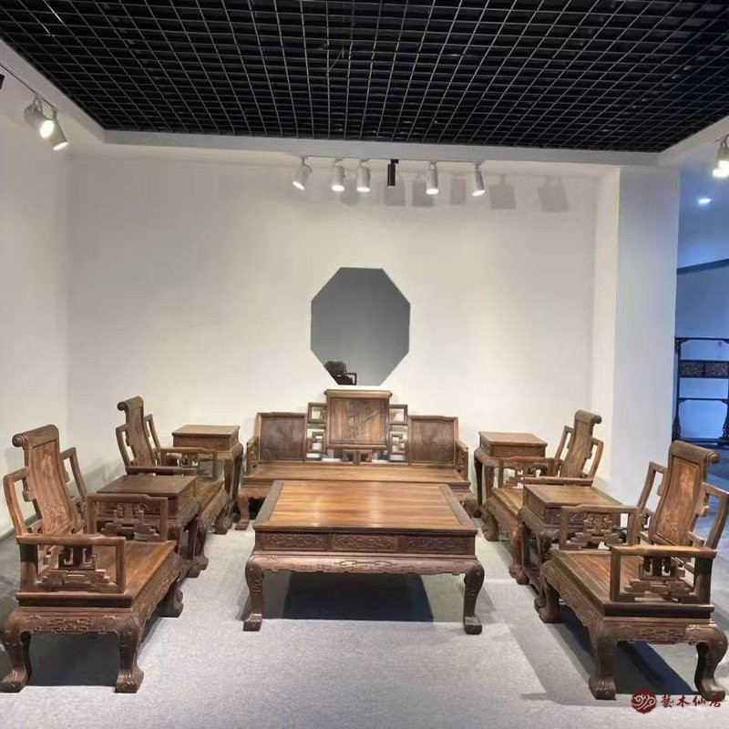 红木家具大红酸枝弯背松鹤卷书沙发11件套交趾黄檀红木别墅样板款