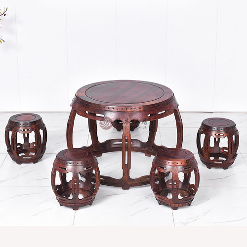 红木家具大红酸枝鼓凳6件套红木餐桌休闲桌实木经桌供桌交趾黄檀