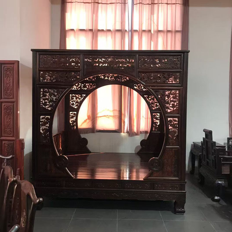 红木家具大红酸枝花鸟架子床双人床全实木仿古双月洞拔步床婚床