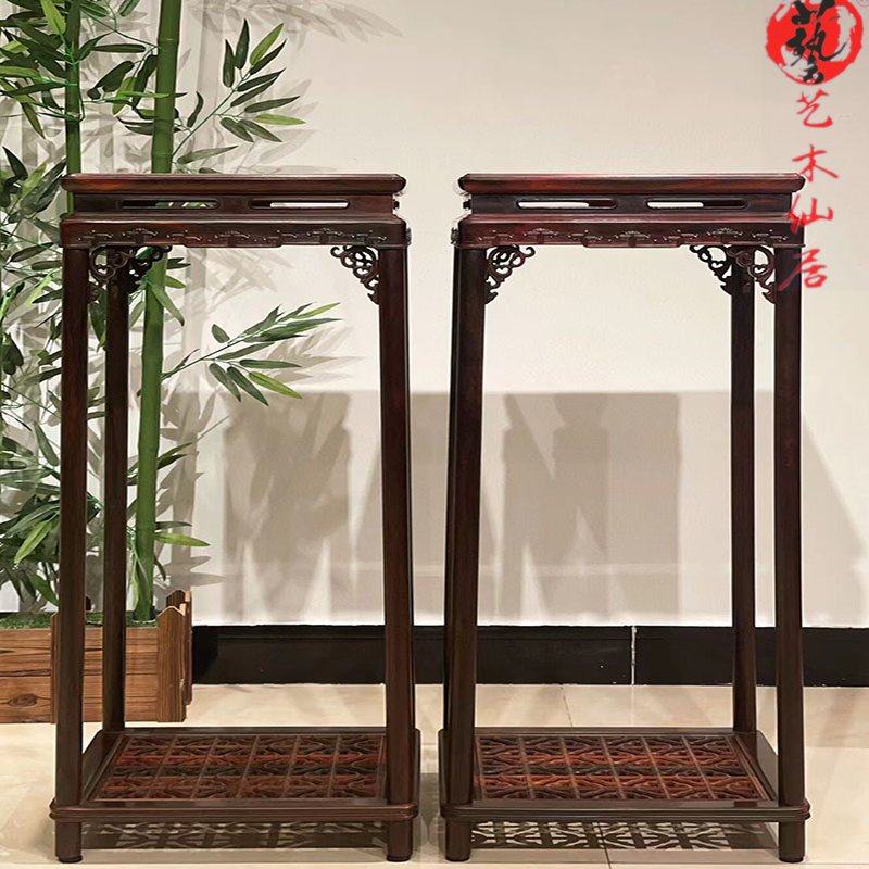 大红酸枝花架红木心连心花几实木中式交趾黄檀客厅落地花盆置物架