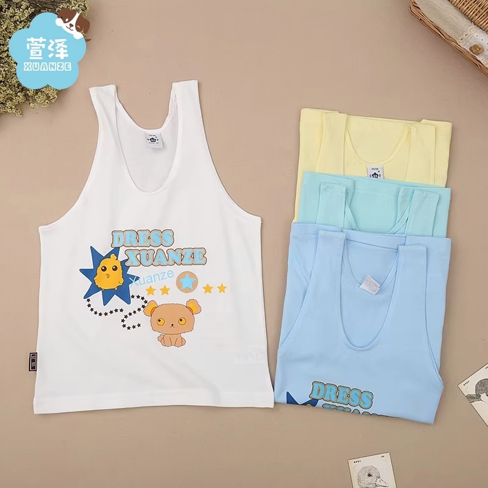 萱泽儿童纯棉全棉印花吸汗背心内衣小孩子背心男孩子无袖夏季打底