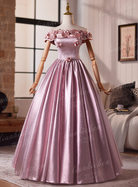 紫色晚礼服女高级感敬酒服新娘小众主持人毕业艺考缎面一字肩礼服