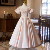 粉色缎面出门女party2026新款 小个子小众高级感订婚婚纱礼服 夏季