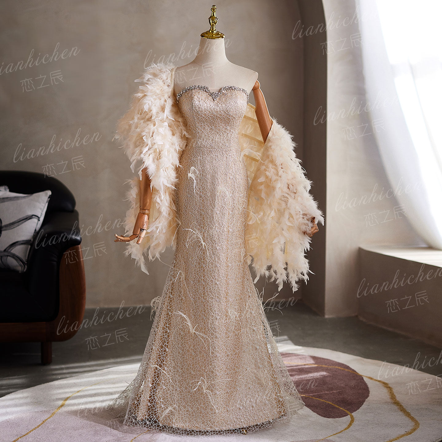 恋之辰法式抹胸羽毛披肩名媛鱼尾裙高级感重工主持宴会名媛晚礼服