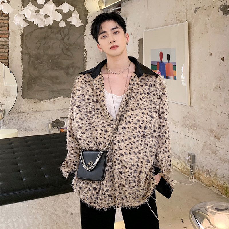 秋季韩国时尚豹纹流苏网红衬衫男宽松慵懒风帅气夜店发型师衬衣潮