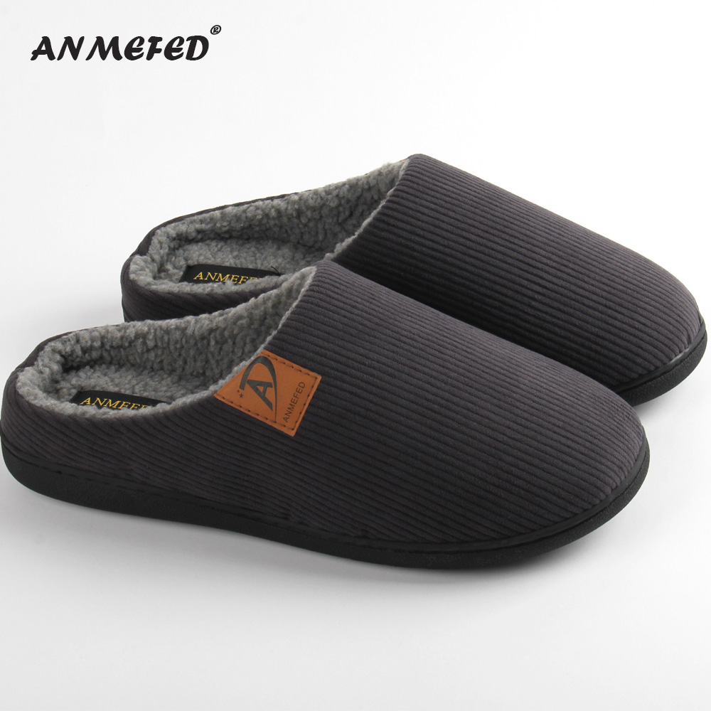 出口外单男士大码灯芯绒秋冬加厚底毛绒订标居家用室内棉拖鞋潮