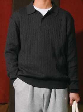 DAKYAM(达人) Cable Button Polo 秋冬日系翻领扭纹麻花复古毛衣