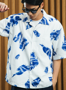 DAKYAM(达人)思维流动的形状休闲宽松ALOHA短袖落肩夏威夷花衬衫