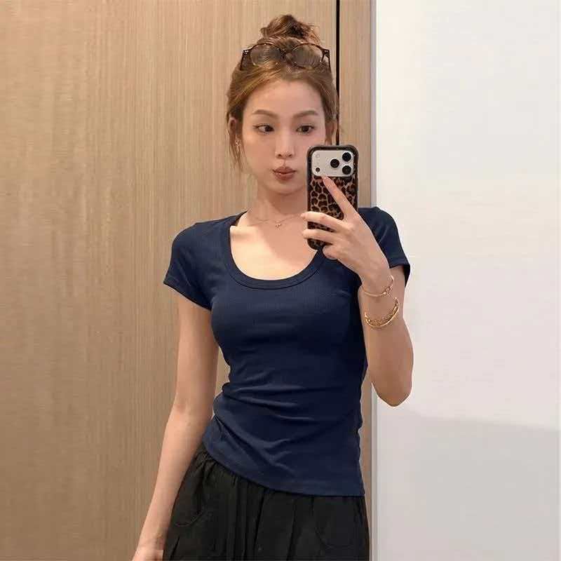 夏季韩系辣妹方领显瘦短袖T恤