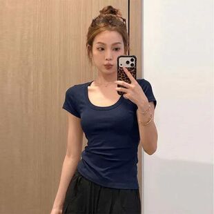 韩系高级感正肩短袖T恤辣妹简约百搭上衣修身显瘦夏季女装方领