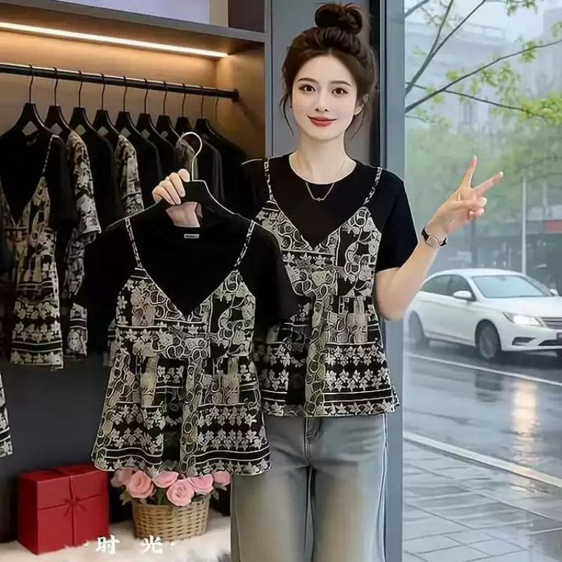 假两件大码显瘦法式吊带T恤女