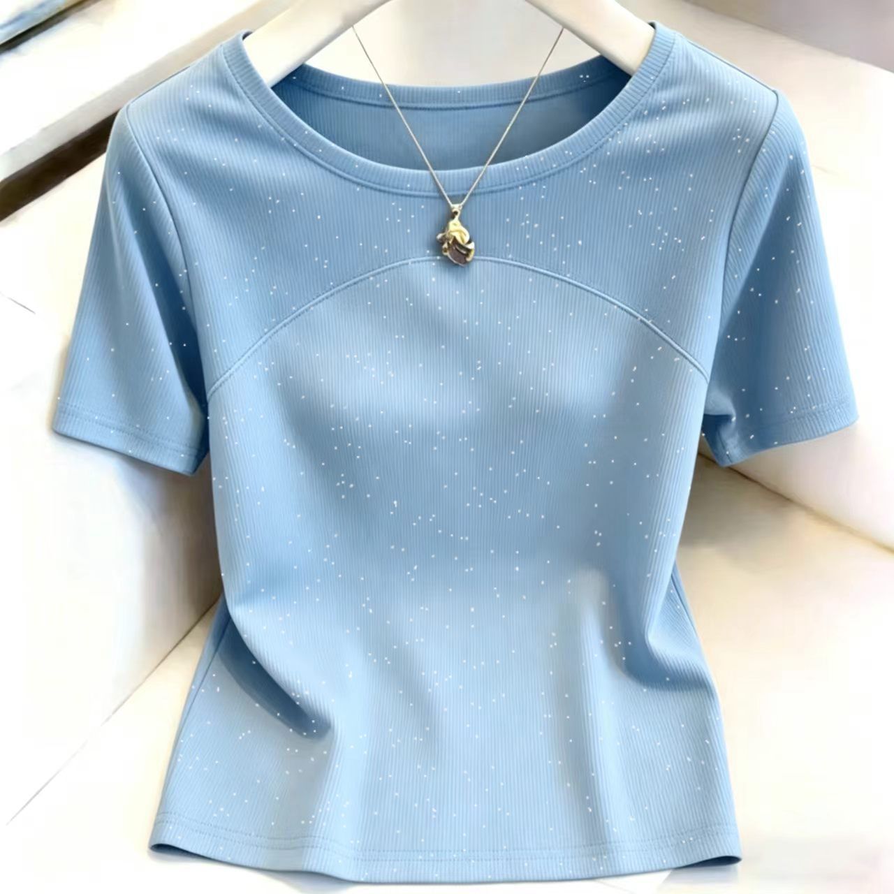 夏季罗纹满天星拼接短袖T恤女