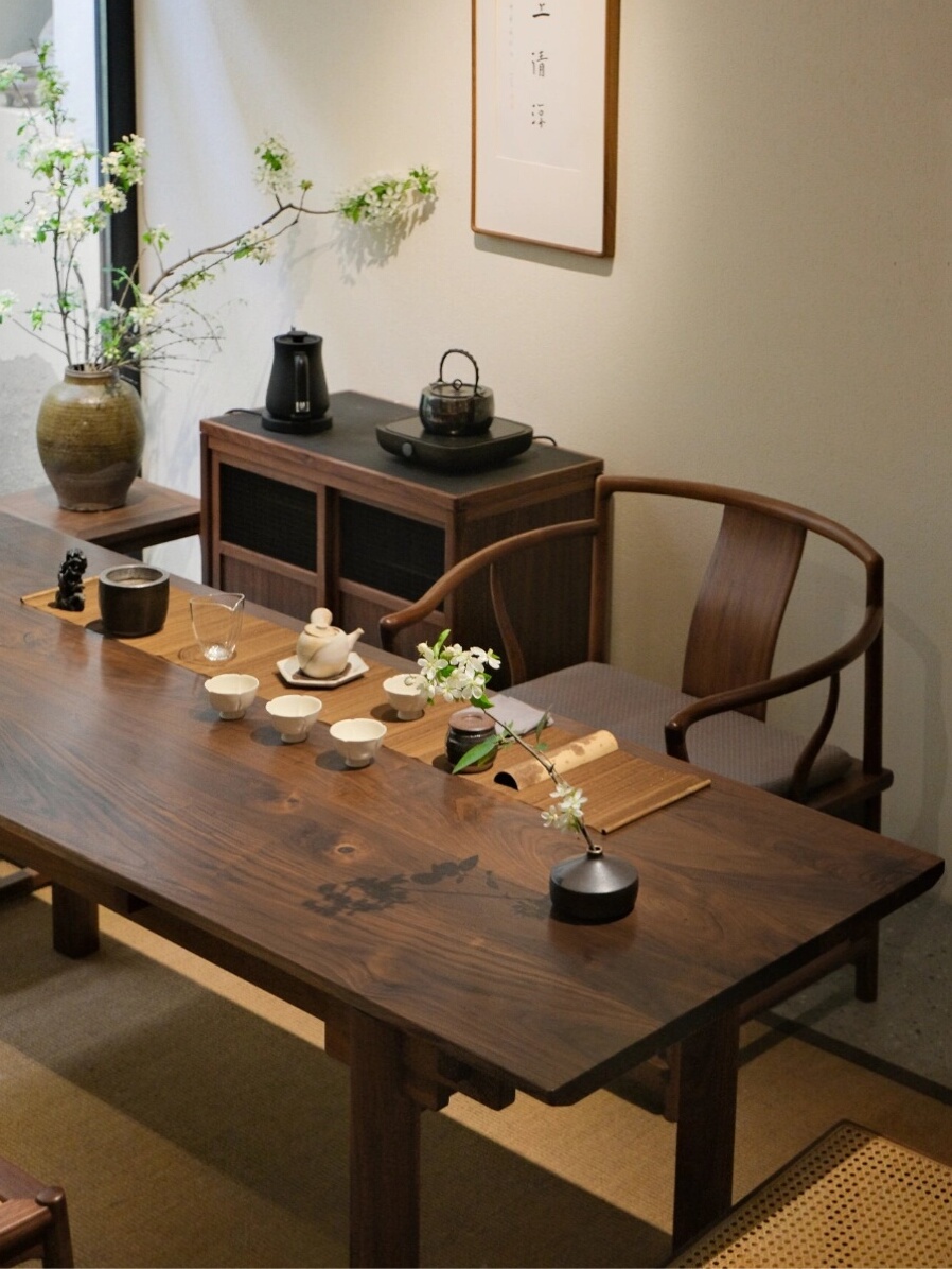 茶桌椅组合新中式黑胡桃实木办公室别墅泡茶桌设计师高端定制
