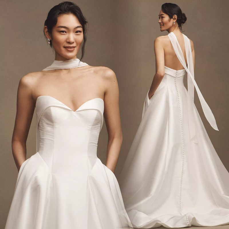 法式缎面抹胸婚纱A裙修身显瘦高级感新娘主纱户外草坪婚礼绑带款