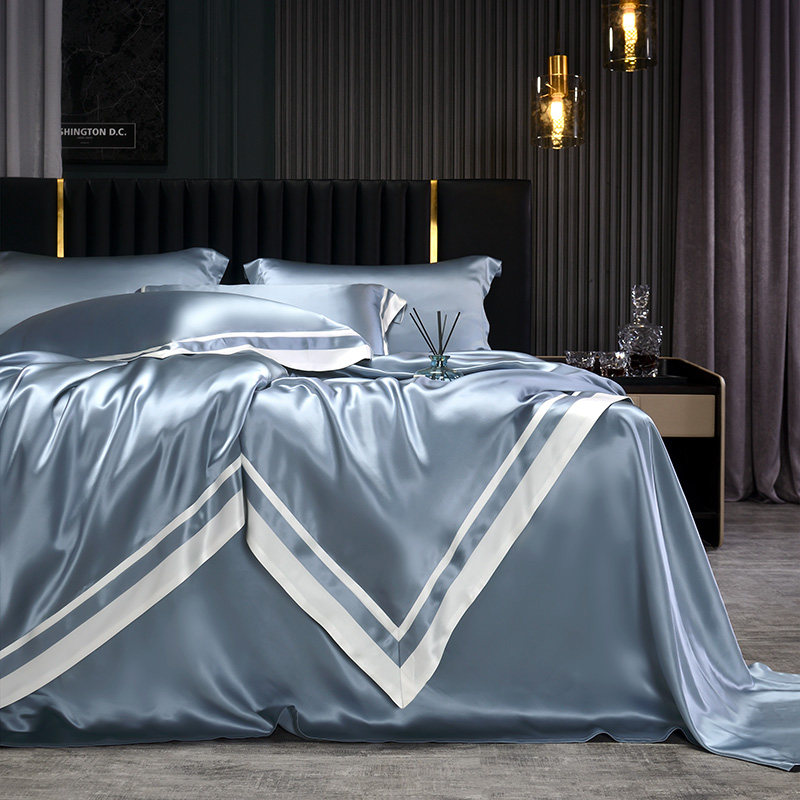 枕水人家重磅25Mm真丝四件套100%桑蚕丝丝绸被套床单宽幅飞边套件