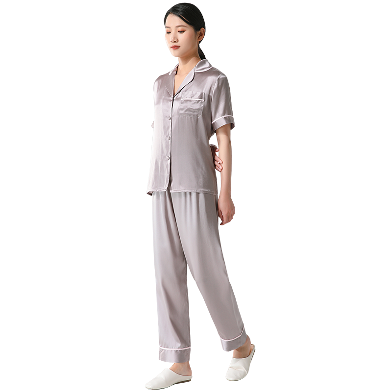 100%真丝情侣睡衣两件套男女款家居服短袖桑蚕丝绸韩版清新可外穿