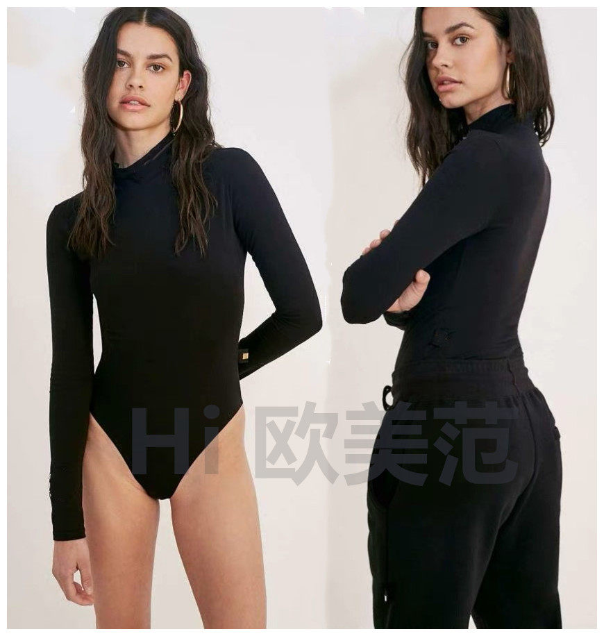 秋冬韩版chic连体开口上衣彩色撞色条纹T恤半高领长袖打底衫女装