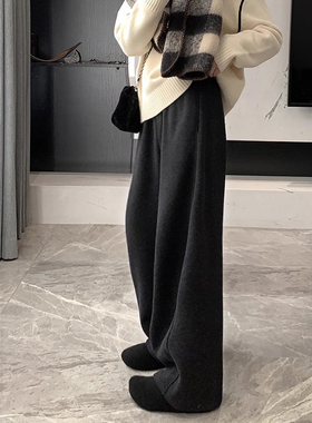 黑灰阔腿裤女秋冬休闲羊毛呢香蕉卫裤宽松加绒弯镰刀裤垂感直筒裤