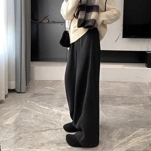 黑灰阔腿裤女秋冬休闲羊毛呢香蕉卫裤宽松加绒弯镰刀裤垂感直筒裤