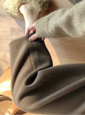 棕色灯芯绒阔腿裤女直筒秋冬休闲宽松九分哈伦加绒萝卜针织奶奶裤