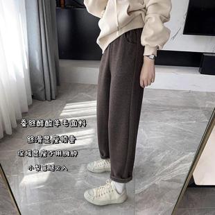 子 高腰直筒休闲显瘦奶奶裤 蚕丝羊毛呢阔腿裤 女秋冬棕色加绒萝卜裤