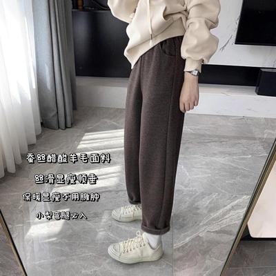 咖色羊毛呢阔腿裤秋冬加绒加厚