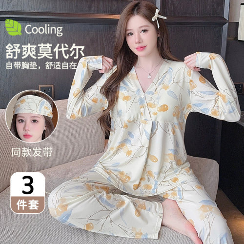 莫代尔夏薄款哺乳月子睡衣套装
