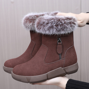 真皮雪地靴女款冬季加绒棉鞋毛毛鞋厚底防滑保暖鞋高帮短靴大码