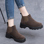 真皮靴子女短靴春秋单靴磨砂皮女靴厚底马丁靴冬季 加绒粗跟棉靴