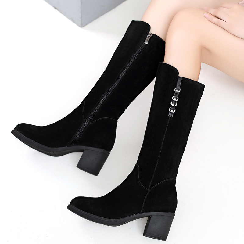 靴子冬季中跟加绒加厚磨砂大码