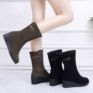 真皮靴子女2025新款长靴坡跟软底磨砂中筒靴秋冬季加绒棉靴牛仔靴