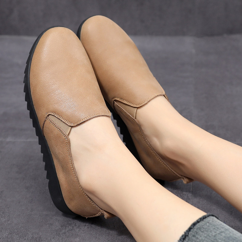 春季真皮单鞋女春秋休闲皮鞋平跟女鞋中年妈妈鞋女士一脚蹬平底鞋