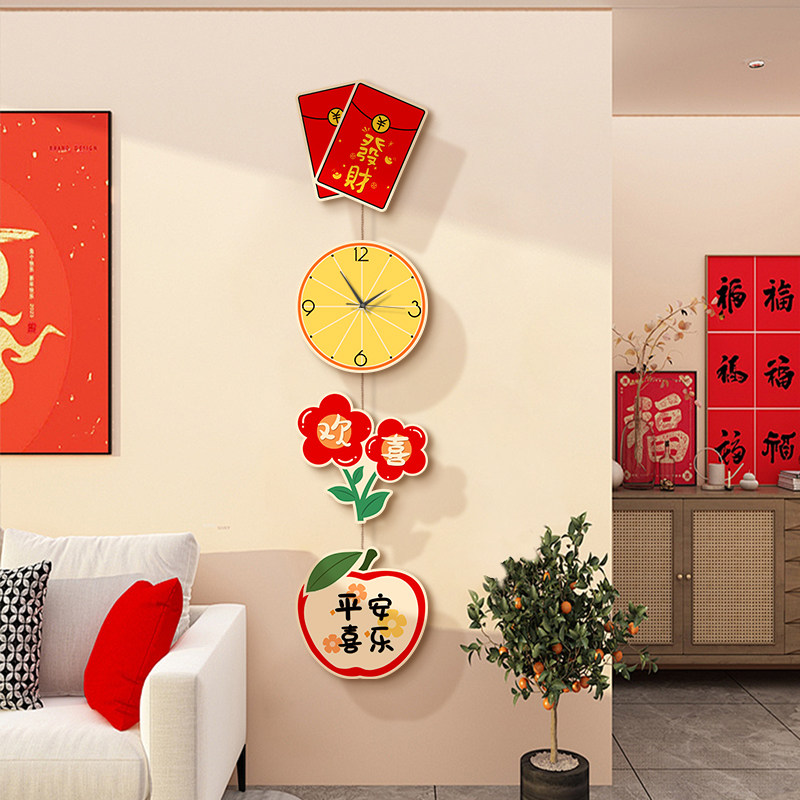 新中式客厅电视背景墙组合画喜庆串联钟表画高档入户墙壁装饰挂件