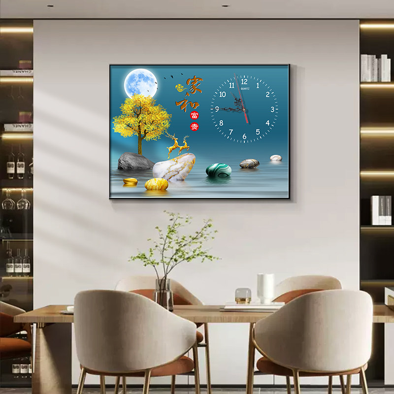 新款餐厅装饰画创意带钟表挂画饭厅挂钟餐桌背景墙画客厅时钟壁画