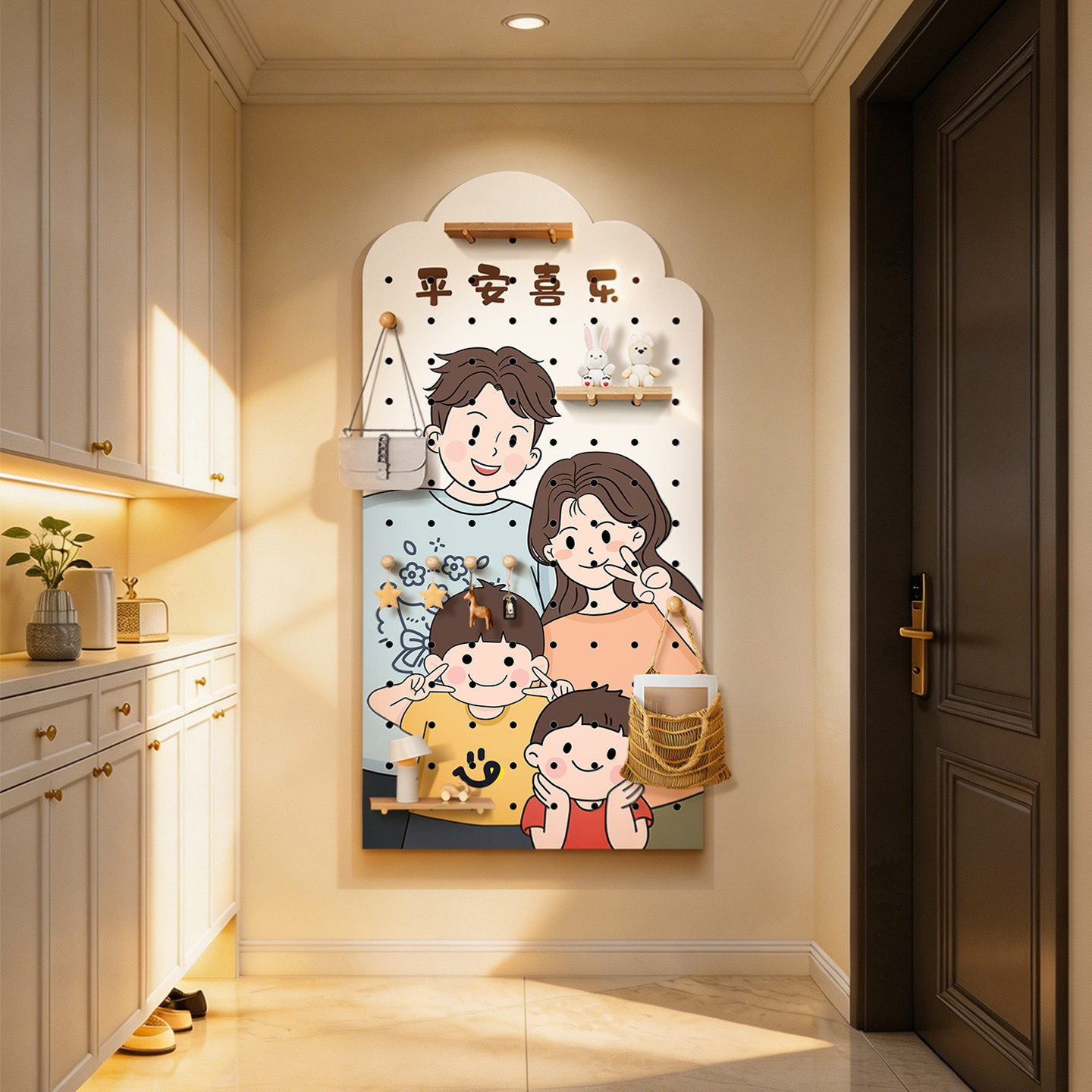 入户墙上洞洞板置物架高档实木造型墙收纳架定制图案隔板壁挂衣架