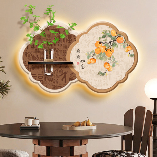 新中式饭厅装饰画 画2025新款带水培植物饭厅挂画 画发光餐桌背景