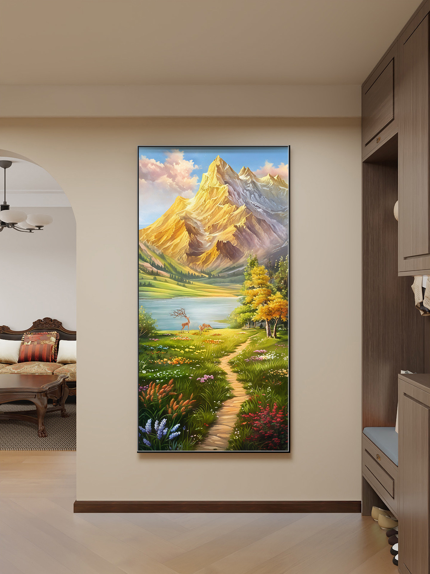 日照金山玄关装饰画2025新款入户正对门挂画山水风景走廊过道壁画